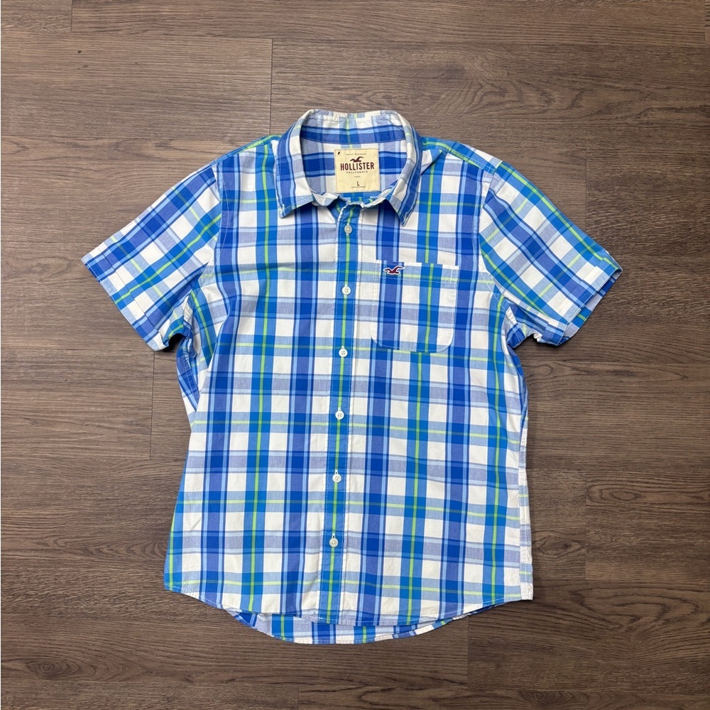 Hollister Men's Sz Large Collared Blue and Green Plaid Button Down SSShirt, EUC